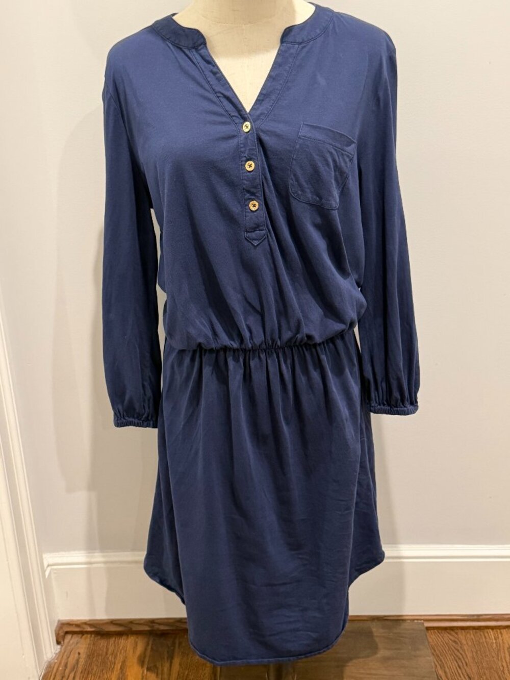 Lilly Pulitzer Navy Pima Cotton Dress M Long Sleeve Elastic Waist Casual Knit